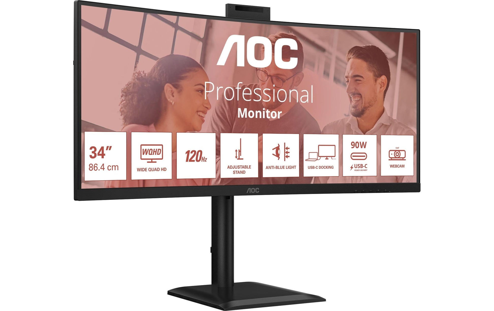 AOC E4 CU34E4CW – 34" Gebogen 1500R, 3440 × 1440 (UWQHD), VA, 120 Hz, USB-C 90 W, Webcam, KVM, LAN