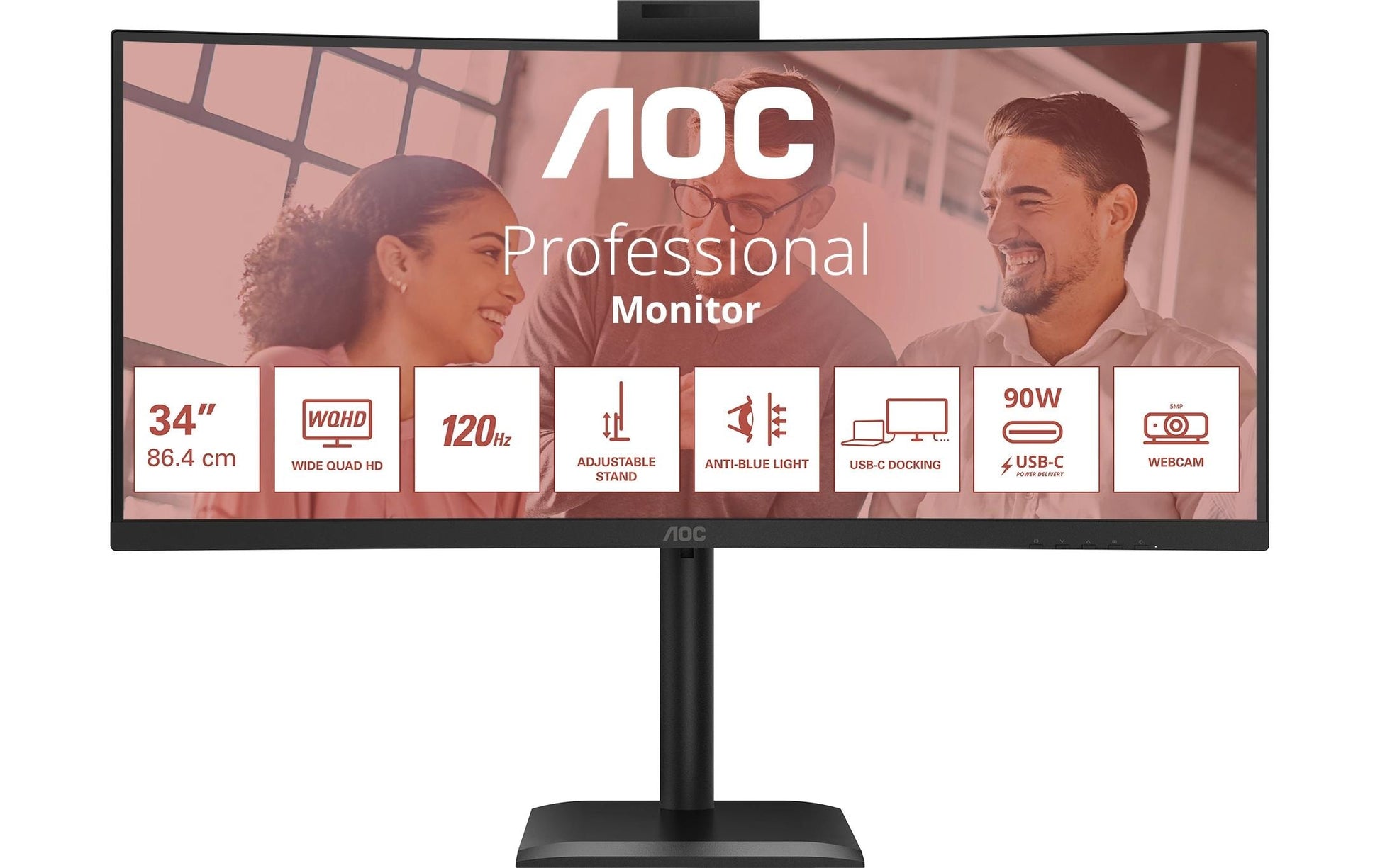 AOC E4 CU34E4CW – 34" Gebogen 1500R, 3440 × 1440 (UWQHD), VA, 120 Hz, USB-C 90 W, Webcam, KVM, LAN