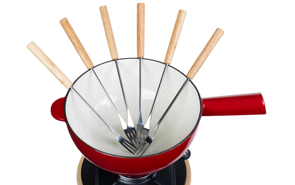 Cocon Fondue-Set – Ø 23 cm, Gusseisen, für Käsefondue, Induktion, Gas, Glaskeramik u. a., 6 Pers., 10 Teile