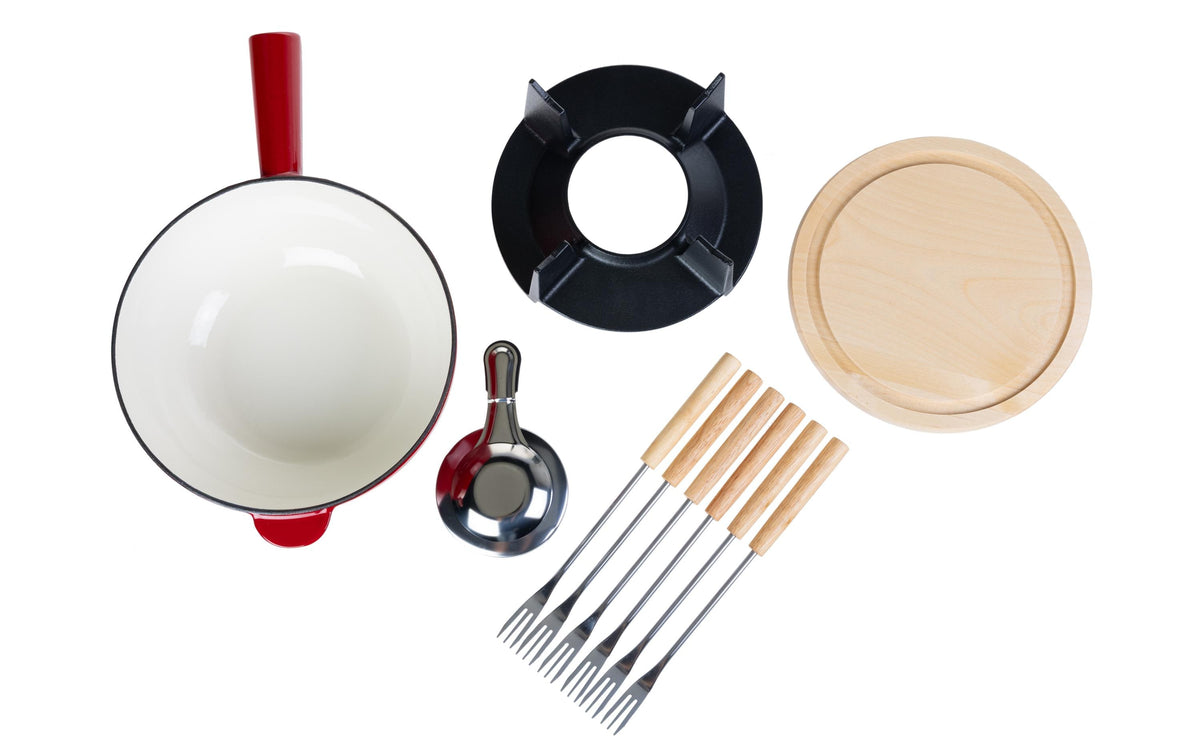 Cocon Fondue-Set – Ø 23 cm, Gusseisen, für Käsefondue, Induktion, Gas, Glaskeramik u. a., 6 Pers., 10 Teile