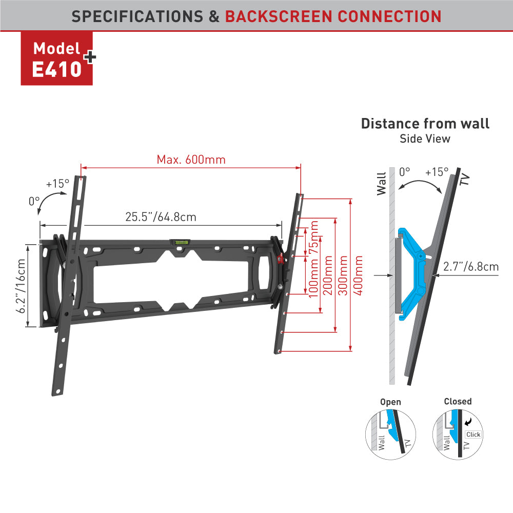Barkan Mounting Systems Barkan Wandhalterung – Neigbar – 32–90" – VESA 100×100–600×400 – bis 60 kg, Schwarz