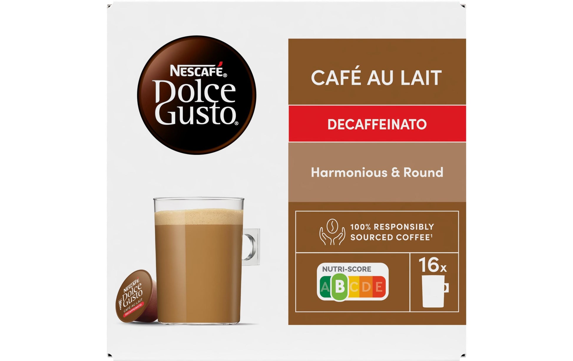 Nescafé Café au lait – Kaffeepads für Dolce Gusto – entkoffeiniert, 16 Pads