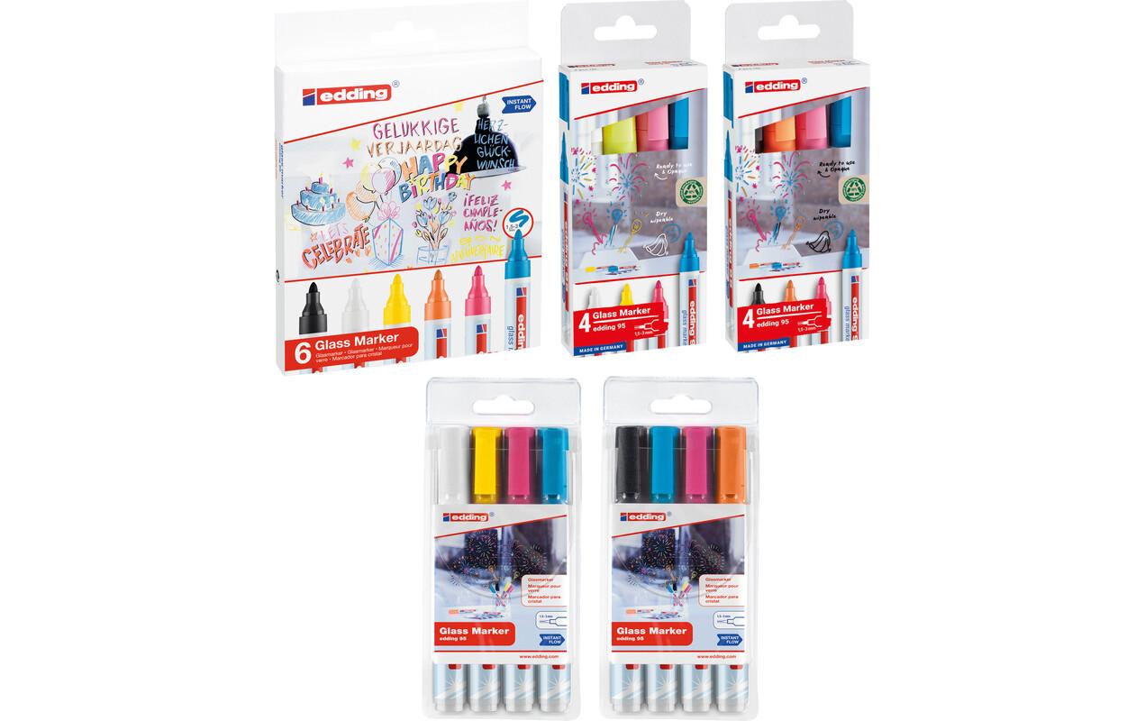 Edding 95 Glasboardmarker – Rundspitze 1,5–3 mm, Schwarz, Hellblau, Orange, Pink, 4 Stk. – für Glas