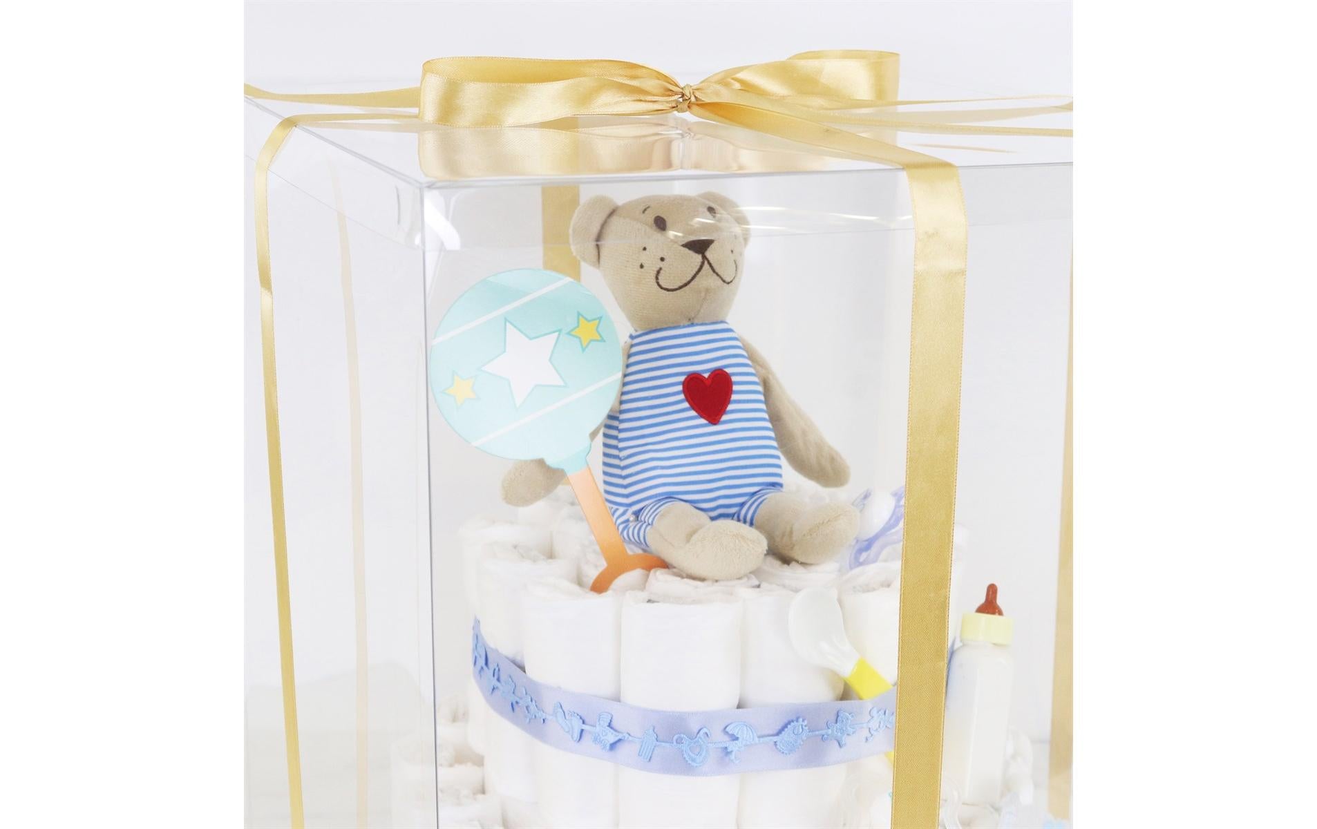 PME Tortenbox – klar – für Kuchen bis 15 × 15 × 18 cm – PET – mit goldenem Satinband