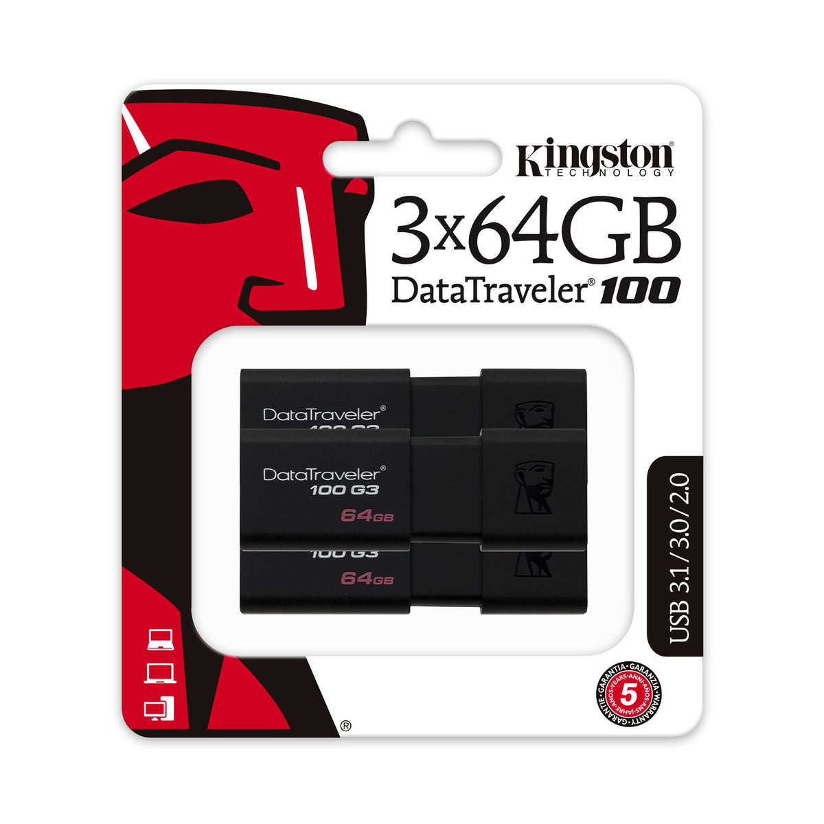 Kingston Technology Kingston DataTraveler 100 G3 USB-Stick 64 GB – USB-A USB 3.2 Gen 1, 100 MB/s Lesen, Schwarz, 3er Pack