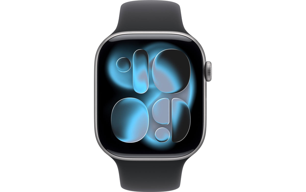 Apple Watch Series 11 46 mm GPS – Aluminium Grau, Sportarmband, Schwarz, S/M, 50 m, für iPhone
