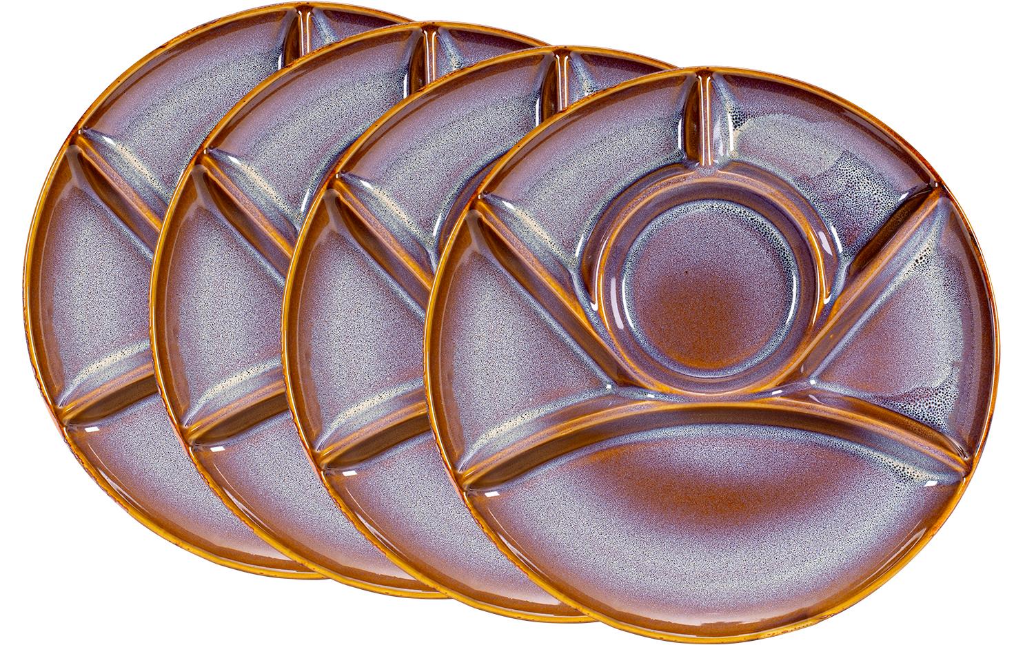 Kadastar Fleischfondue-Teller Montagna – 4er Set, Ø 26 cm, Steingut, Blau/Braun, spülmaschinenfest