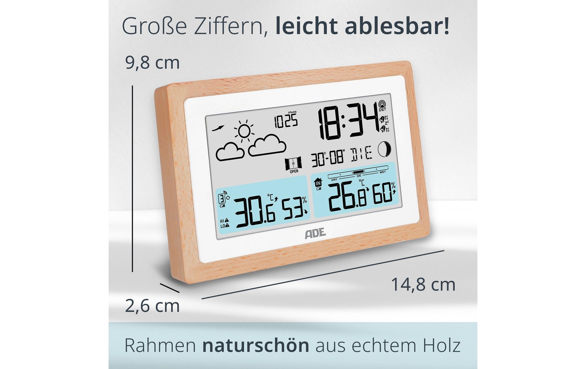 Ade Wetterstation, innen/aussen, Hygrometer, DCF-Funkuhr – Braun
