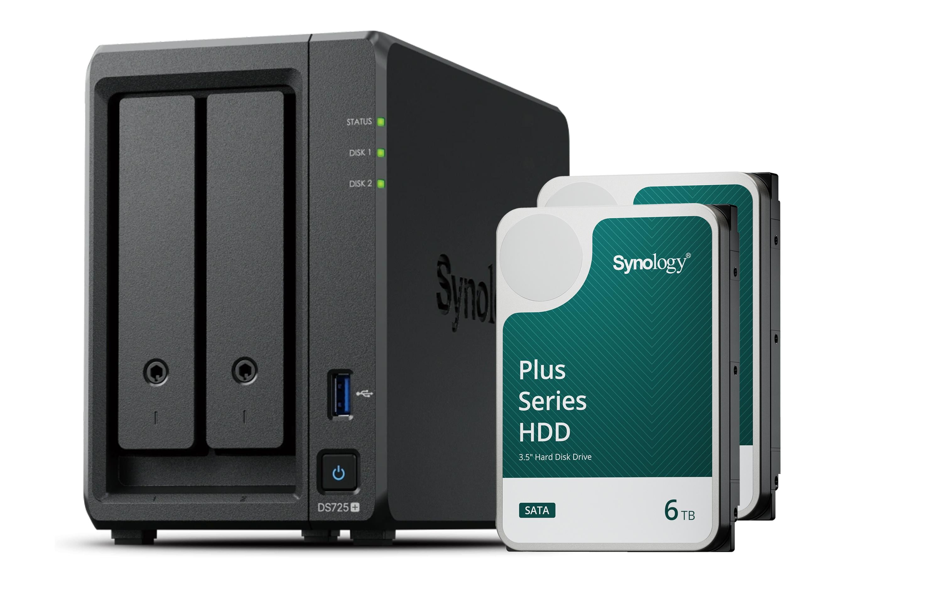 Synology DS725+ – 2-Bay Tower NAS – 4 GB RAM, 2.5GbE, 12 TB HDD vorinstalliert