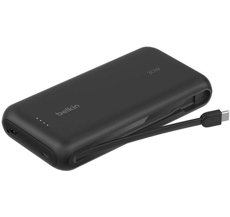 Belkin Powerbank 20000 mAh, PD 30 W, integriertes USB-C-Kabel, Schwarz