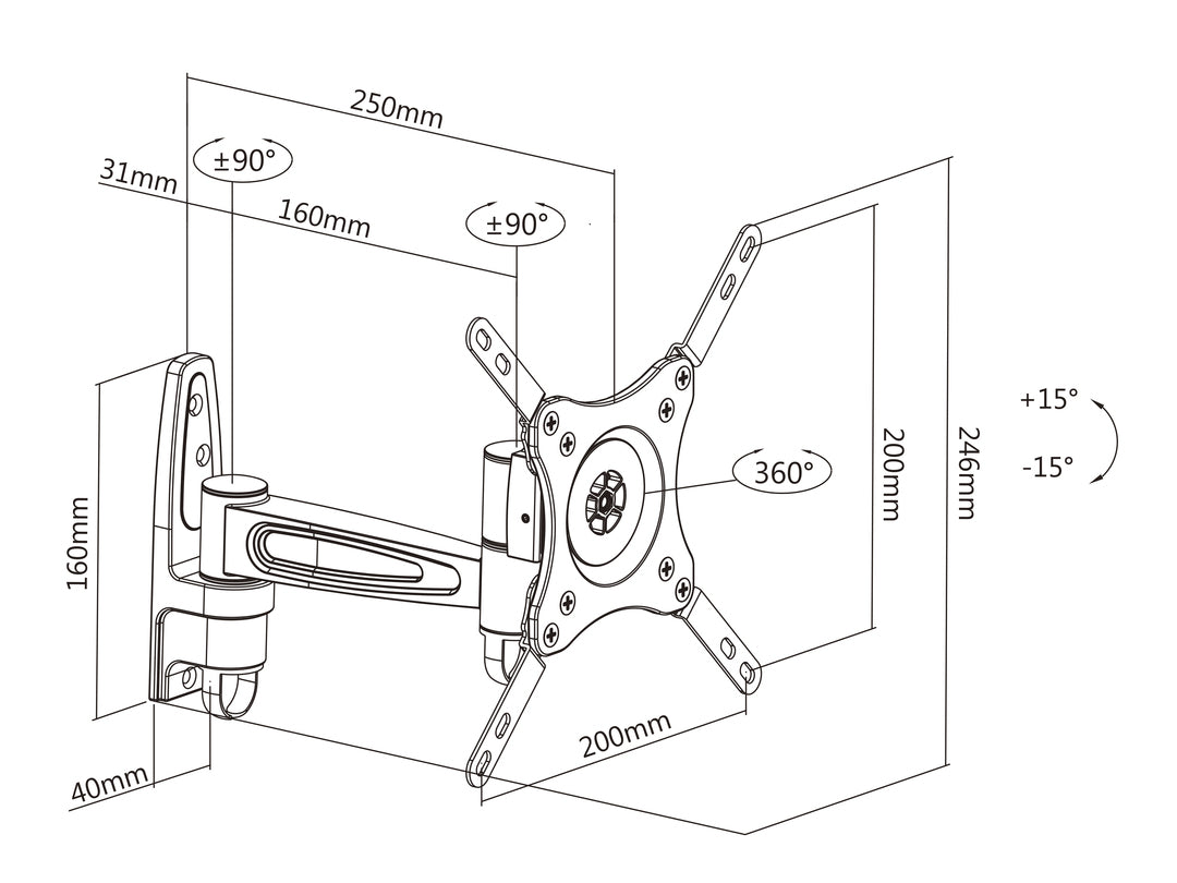 Multibrackets 32 – Wandhalterung, schwenkbar, für 30", VESA 200×200, bis 15 kg, schwarz