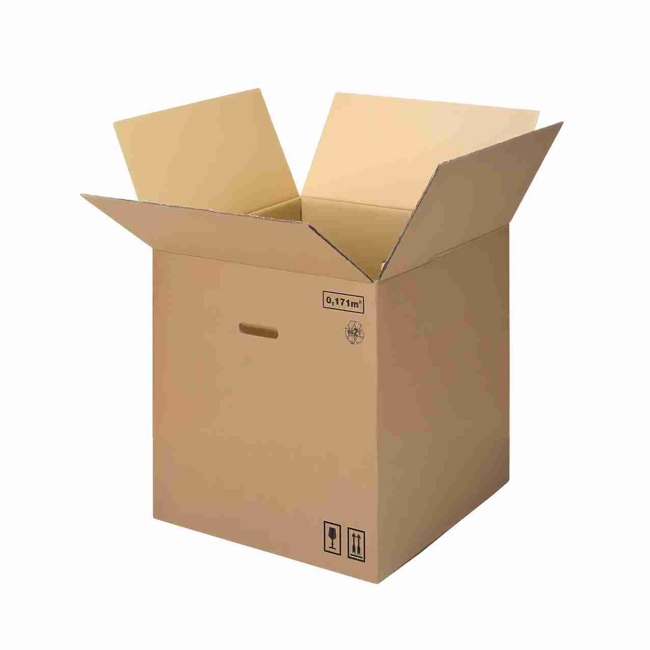 Model Versandbox – 488 × 488 × 453 mm, braun, mit Grifflöchern – 1 Palette (150 Stk.)