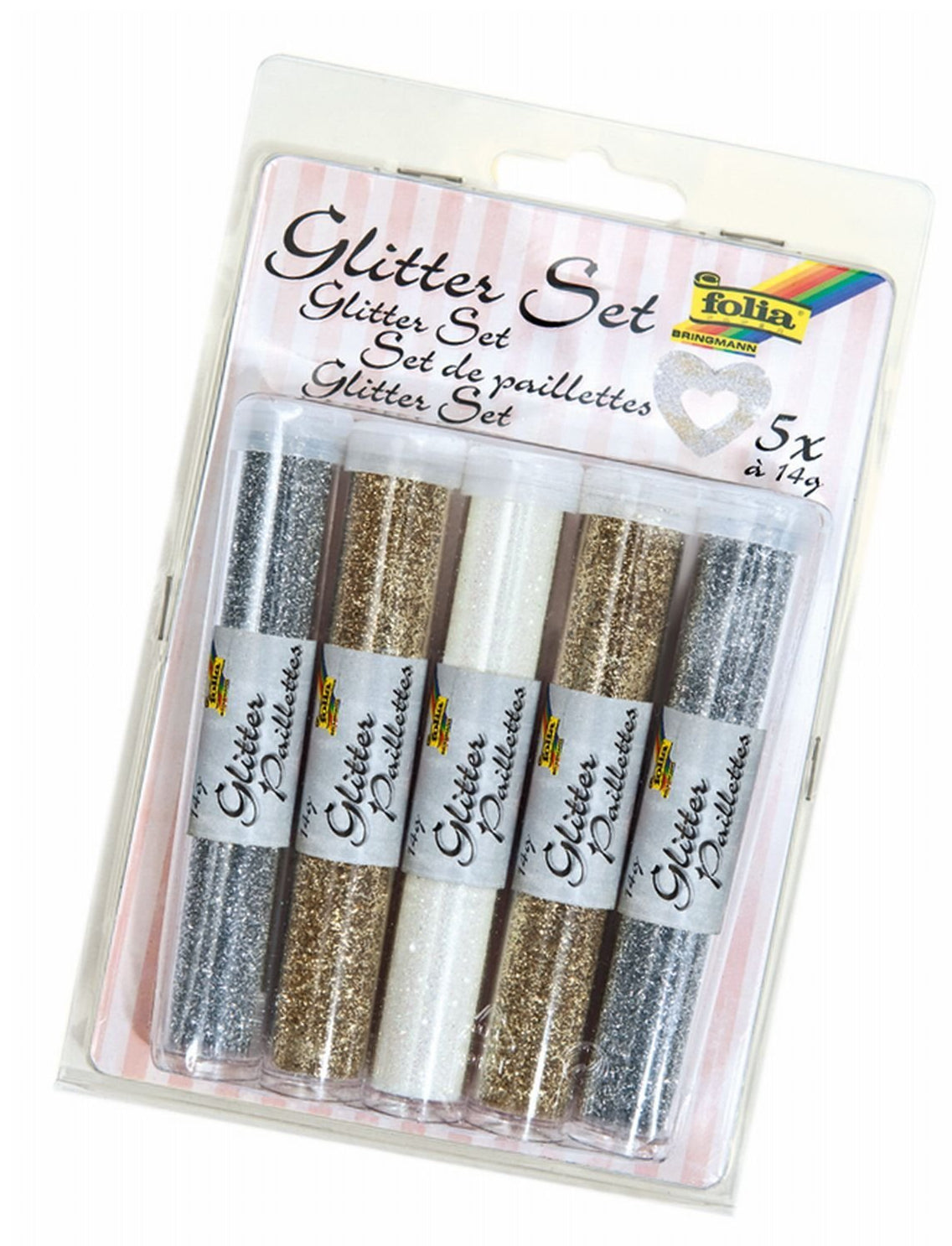 Folia Glitzer-Set, irisierend, Set mit 5 Tuben à 14 g, gold, silber, weiss
