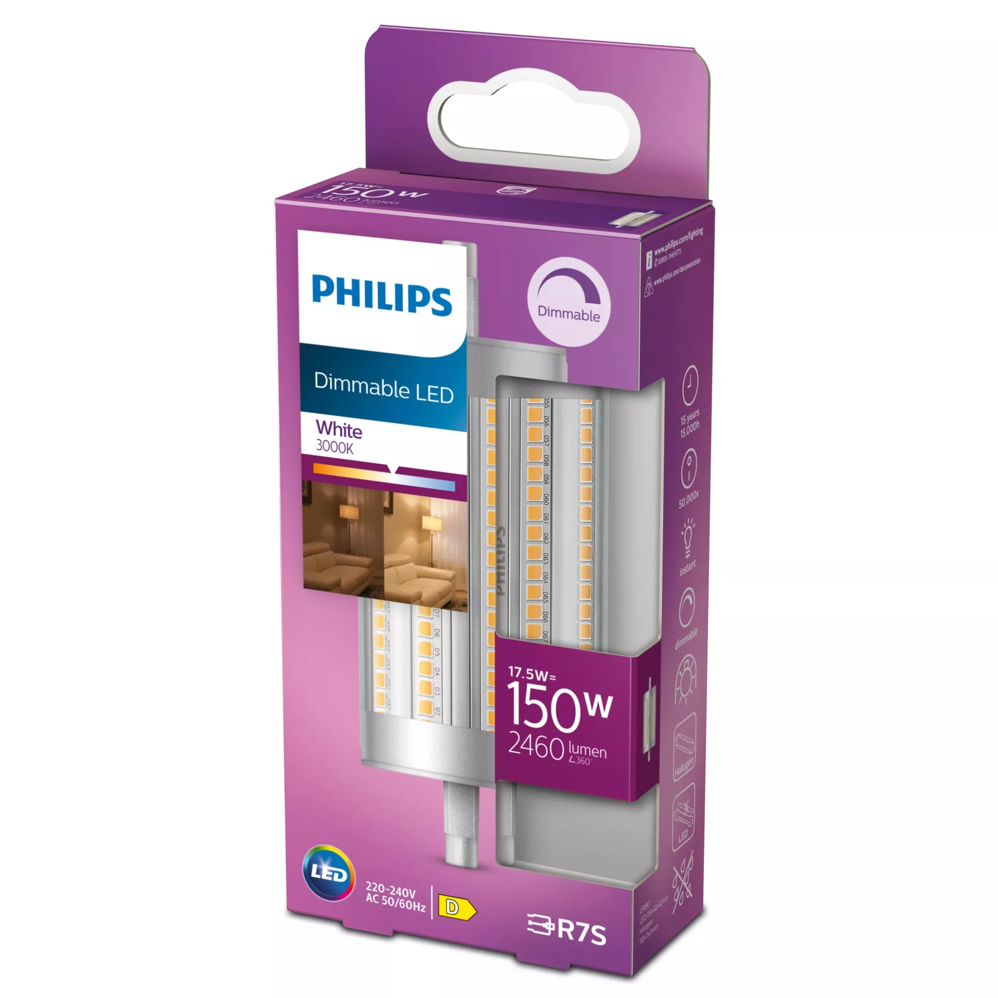 Philips by Signify Philips Leuchtmittel R7S (Stabform) – Warmweiss 3000 K, 2460 lm, 17,5 W, dimmbar – 1 Stk., Silber, Kunststoff