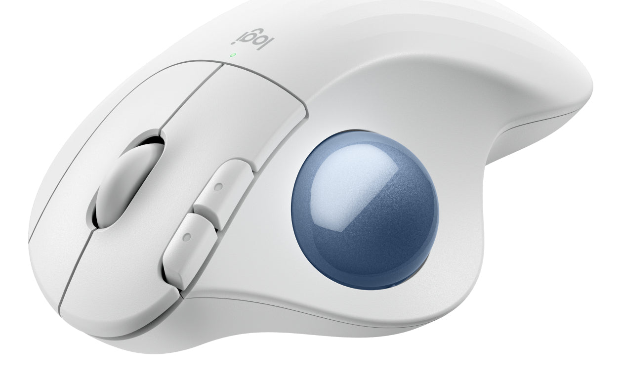 Logitech ERGO M575S – Trackball-Maus – Kabellos (Bluetooth/2,4 GHz), Rechts, Blau, Weiss