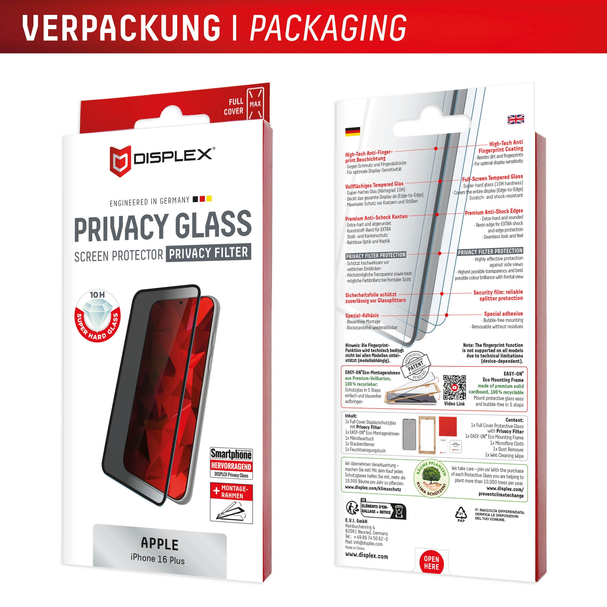 Displex Privacy-Filter (Panzerglas), Full Cover – für iPhone 16 Plus – mit Applikator