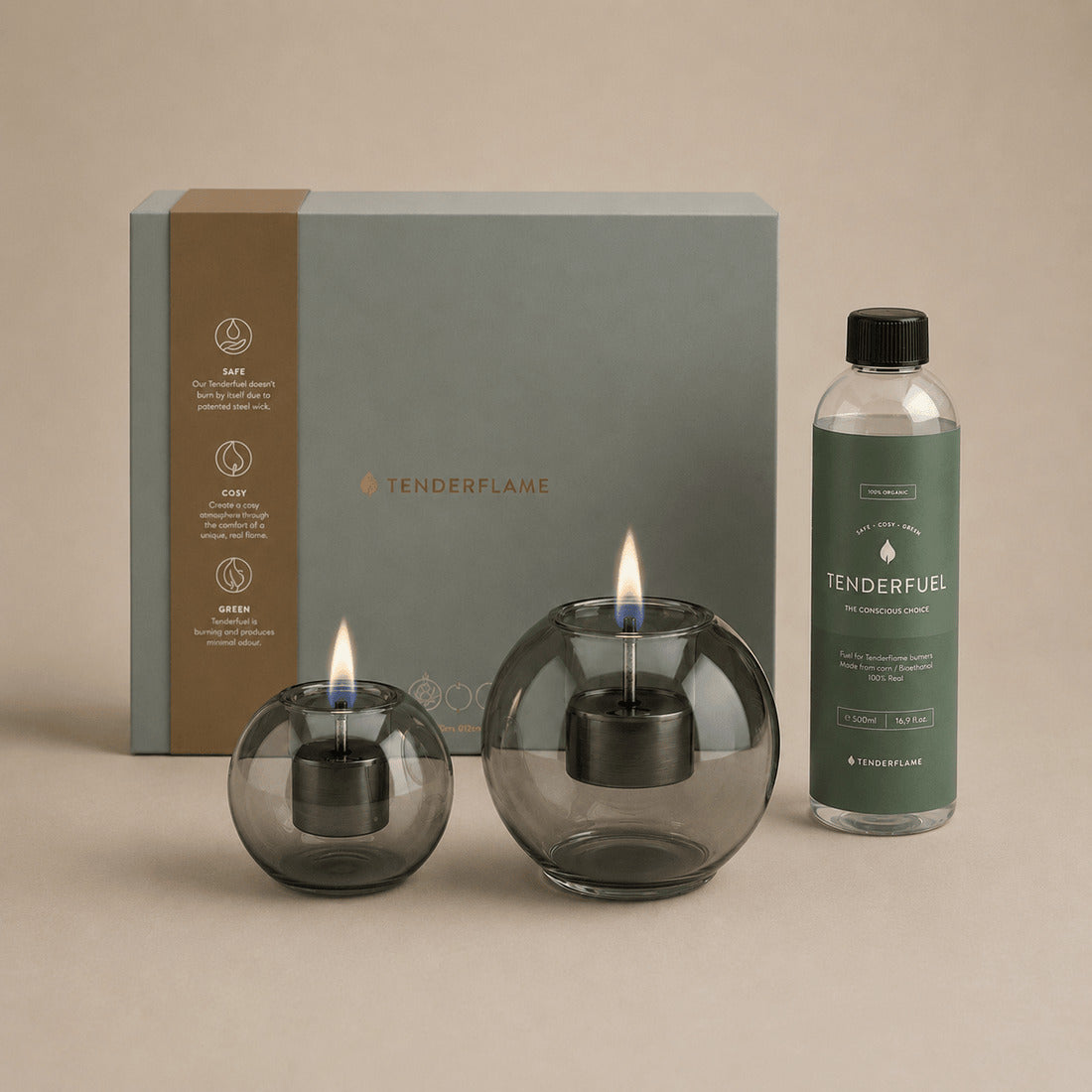 Tenderflame Geschenkset Globus 10 & 15 – Tischkamin – Ø 15 × 12,5 cm – Glas, Grau