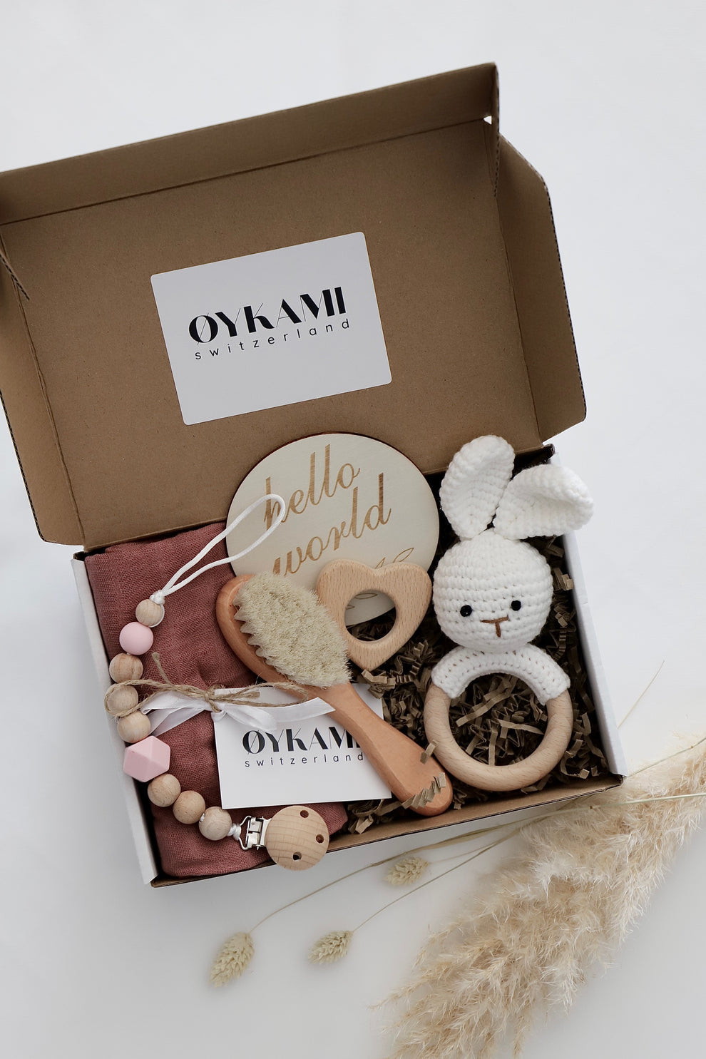 OYKAMI Geschenkbox – Holz, Baumwolle – Mehrfarbig (Weiss, Rosa, Beige)