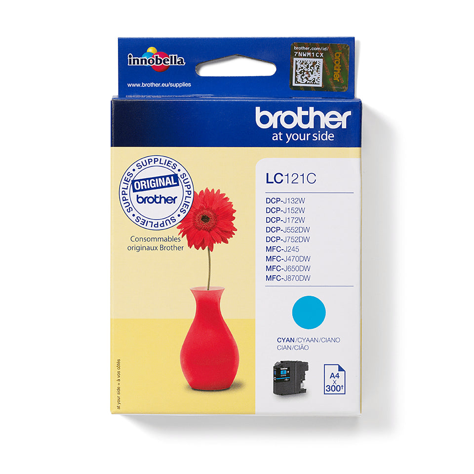 Brother LC121C Cyan Tintenpatrone (Original) – 300 Seiten – für DCP-J132W/152W/552DW, MFC-J470DW/650DW