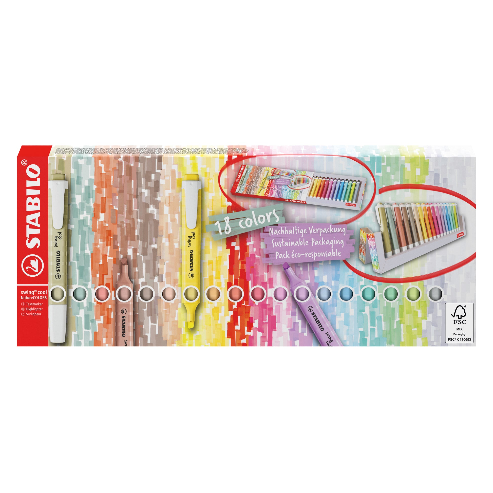 STABILO swing cool Textmarker Desktop Set 18 Farben – Keilspitze, 1–4 mm