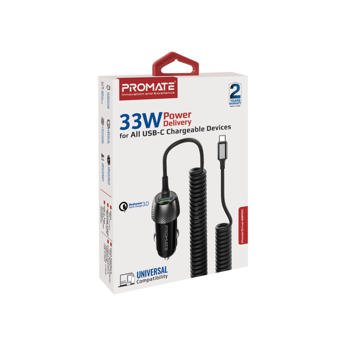 Promate Kfz-Ladegerät, 33 W, USB-C/USB-A, PD – universal – Schwarz