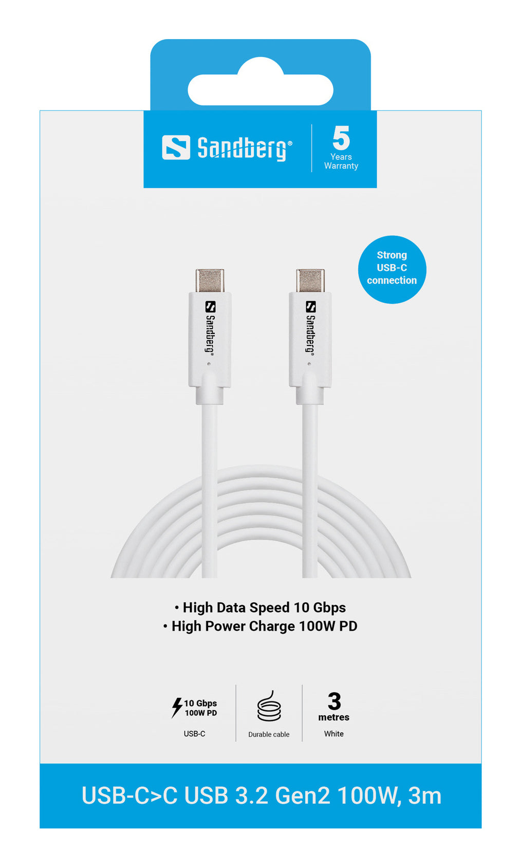 Sandberg USB-C auf USB-C Kabel – USB 3.2 Gen 2 (10 Gbit/s) – 3 m – PD 100 W – Weiss