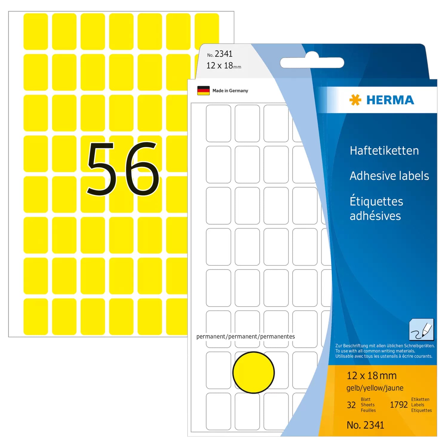 HERMA Haftetiketten – rechteckig 12 × 18 mm, stark haftend, gelb, 111 × 170 mm, 32 Blatt (1'792 Stk.)