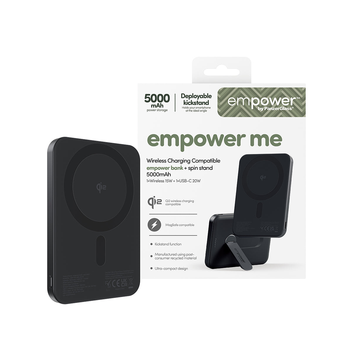 PanzerGlass MagSafe Powerbank 5000 mAh, PD 20 W, 1× USB-C, mit Ständer, Schwarz