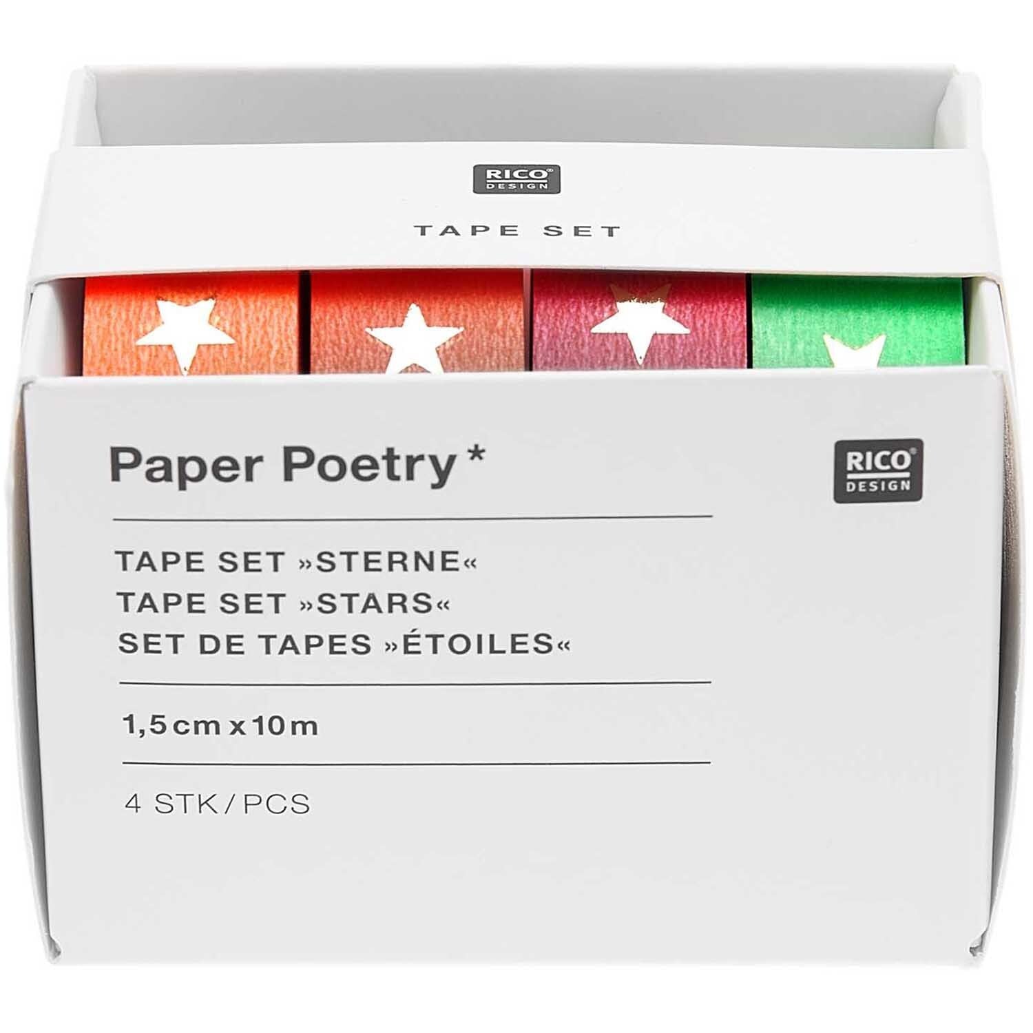 Rico Design Sterne Washi Tape Set – 15 mm × 10 m, mehrfarbig, Papier, wiederablösbar, 4 Rollen