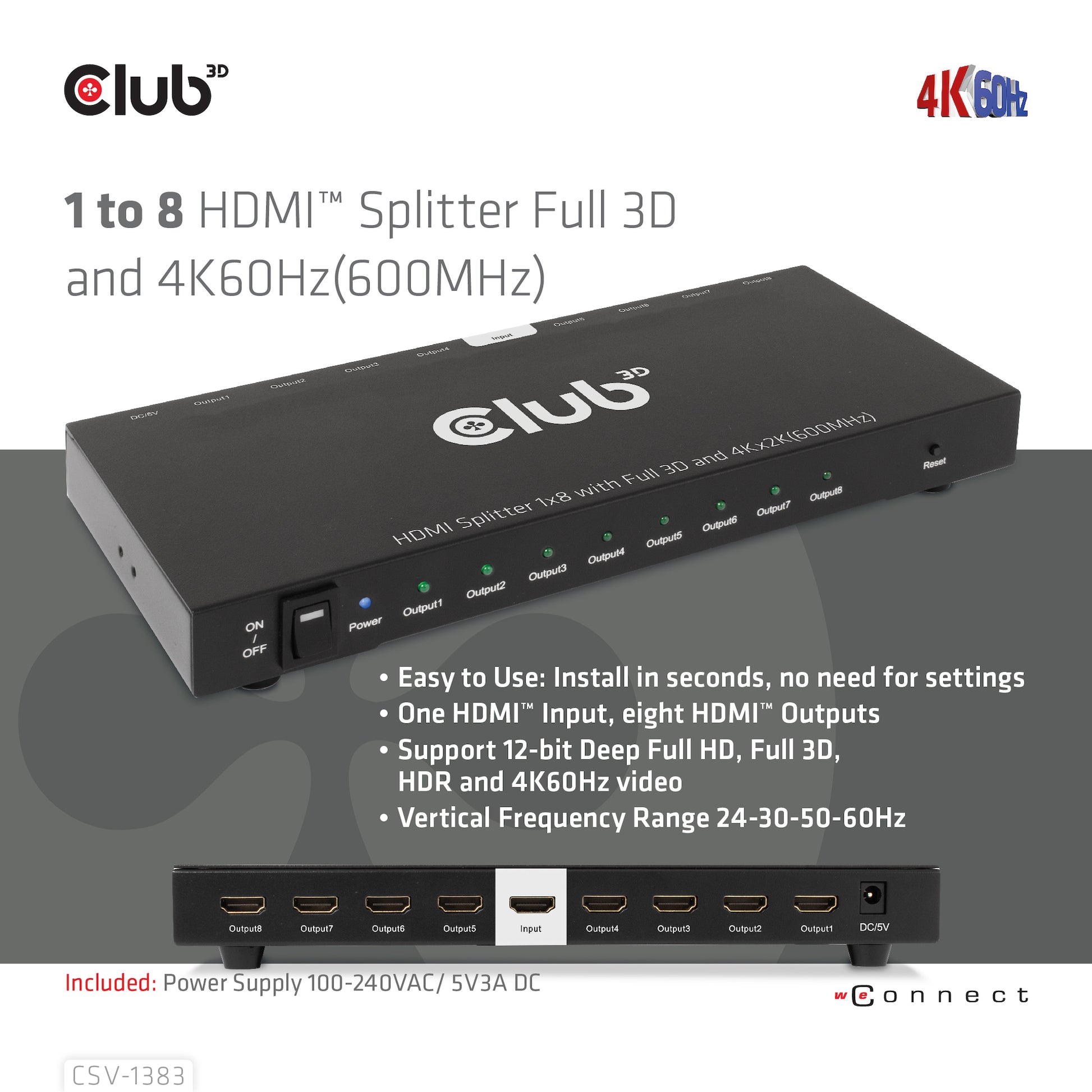 CLUB3D Club 3D – HDMI-Splitter 1×8, externes Netzteil, passiv