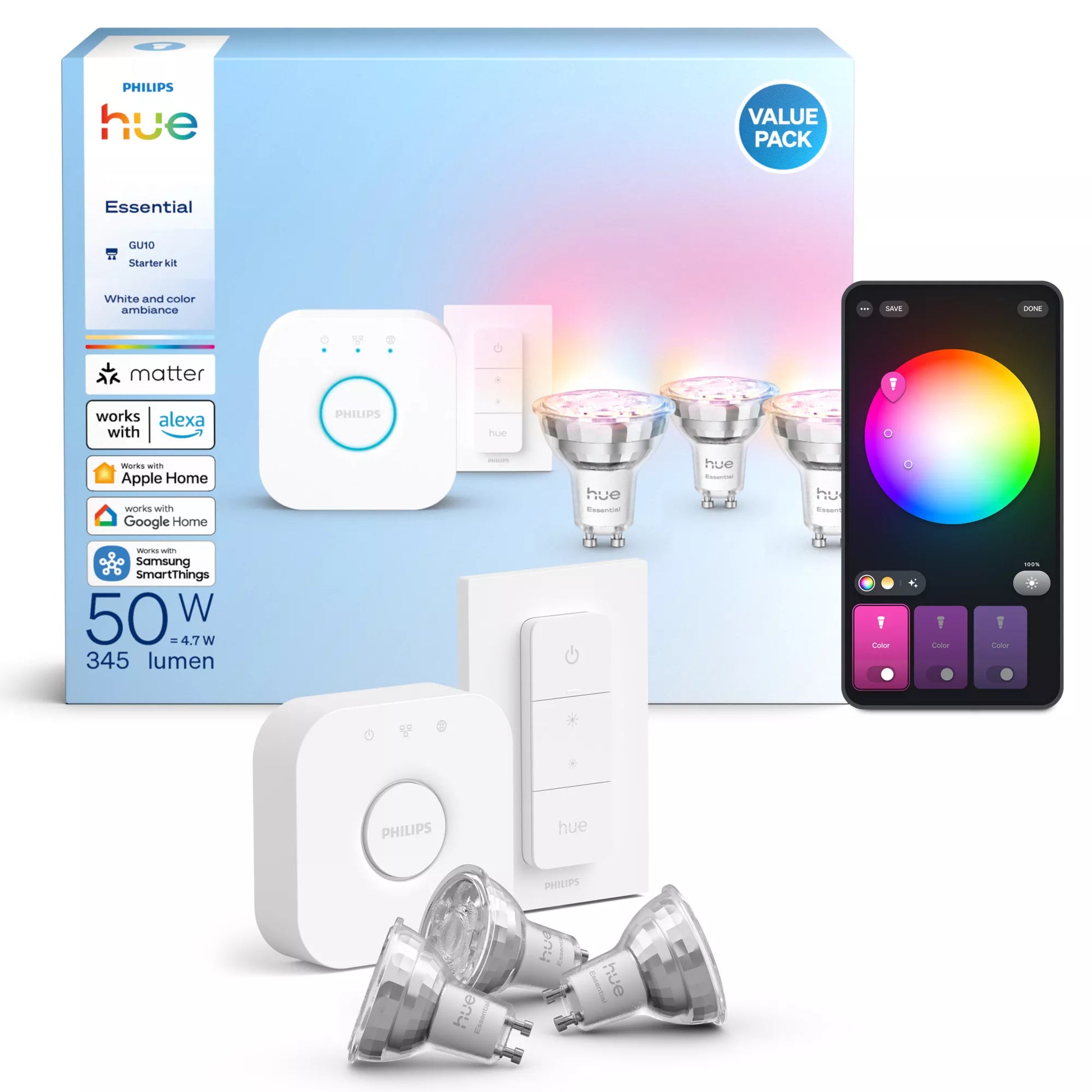 Philips by Signify Philips Hue Basis – Smart-Leuchtmittel – GU10, 345 lm, Mehrfarbig, 2’200–6’500 K – 3er-Set