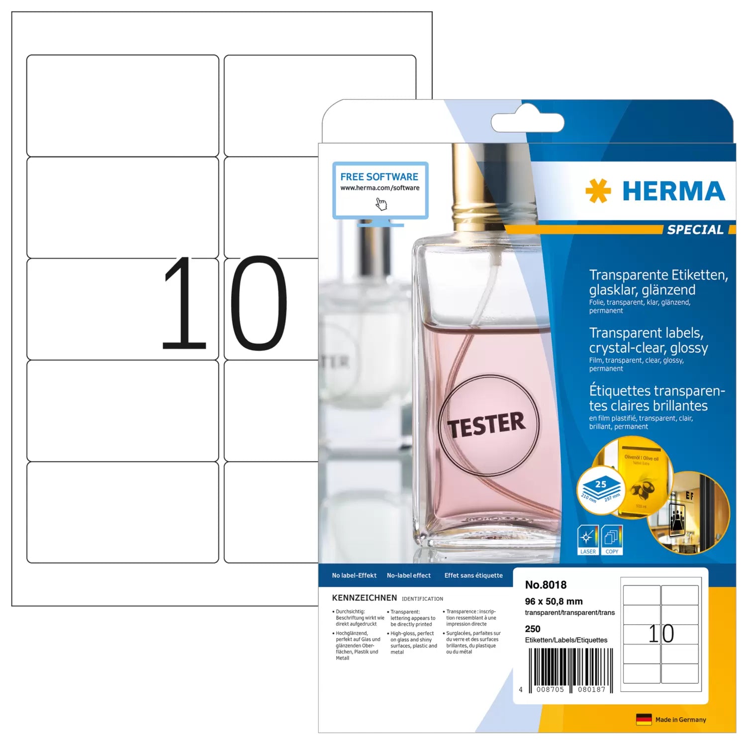 HERMA Etiketten auf Bögen, 96 mm × 51 mm, transparent, Folie, permanent, 25 Blatt (250 Etiketten)