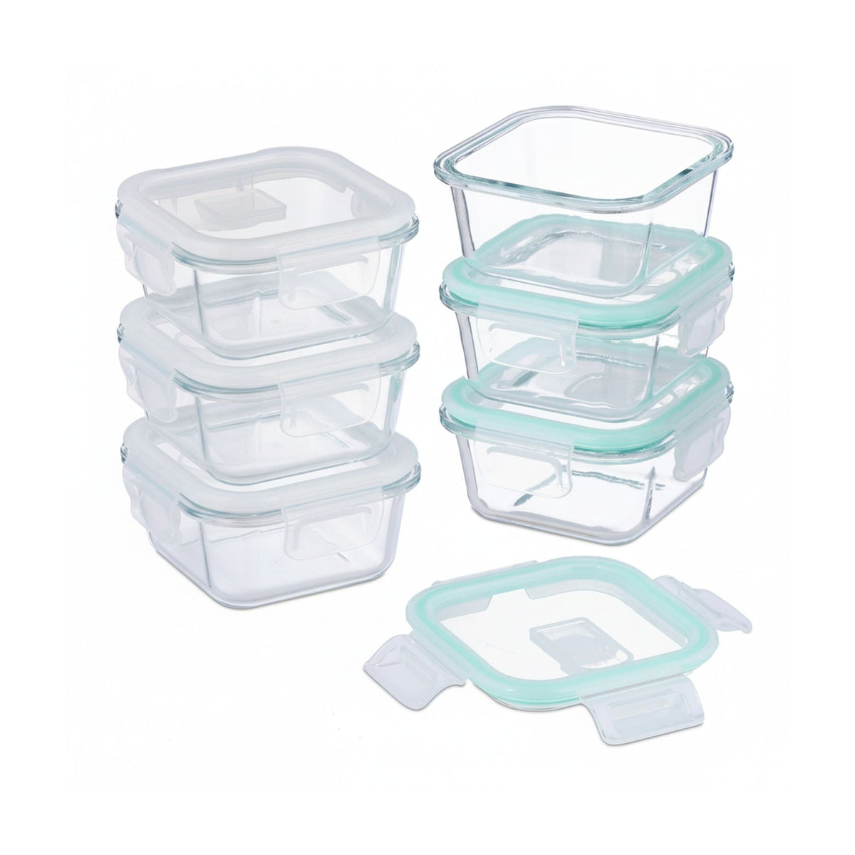 Relaxdays Vorratsdose 520 ml, 14,5 × 14,5 × 7 cm, Glas/Polypropylen (PP)/Silikon, transparent/türkis/weiss