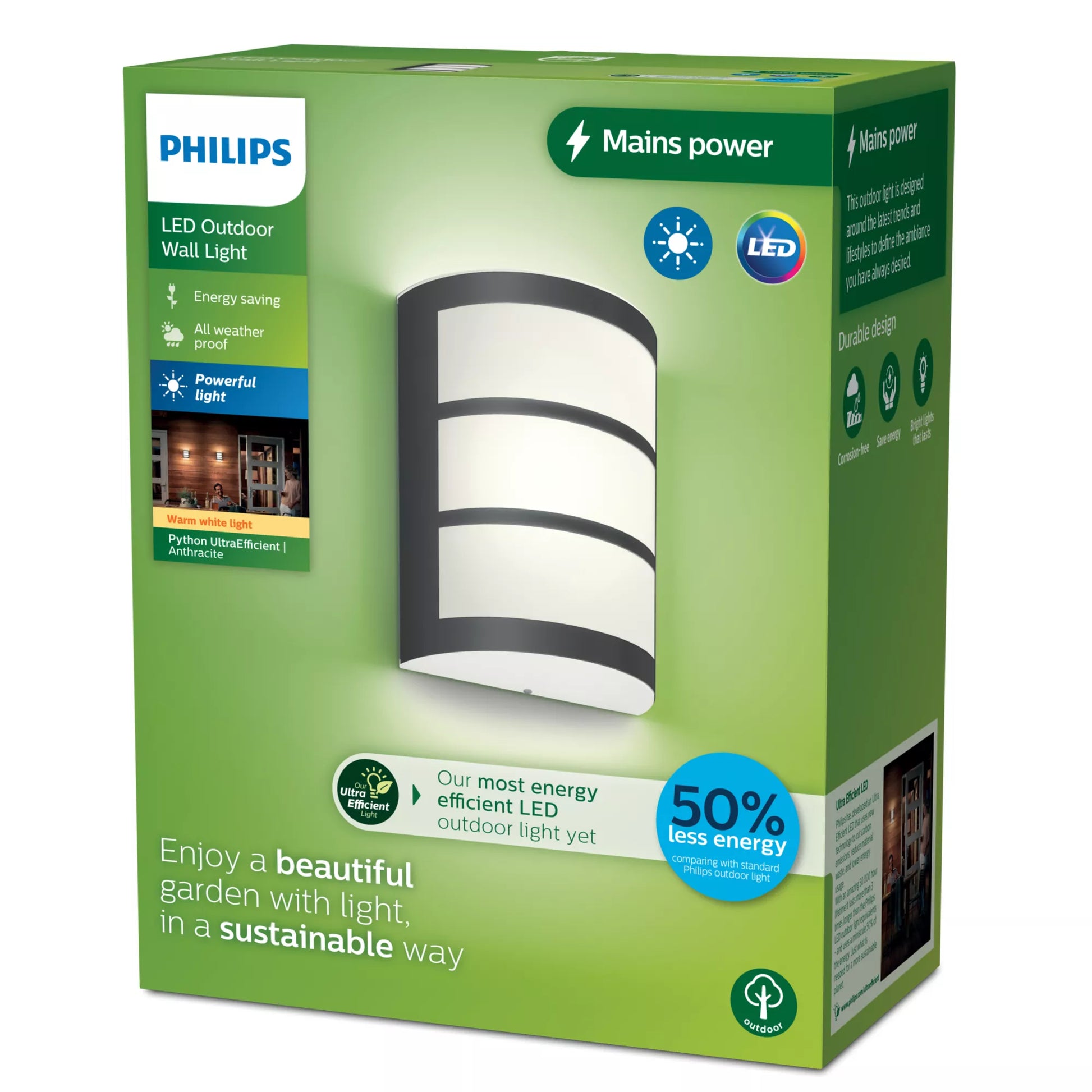 Philips by Signify Philips Aussenwandleuchte – 800 lm, 3,8 W – Warmweiss, 2700 K – IP44 – Netzbetrieb – Anthrazit, Edelstahl