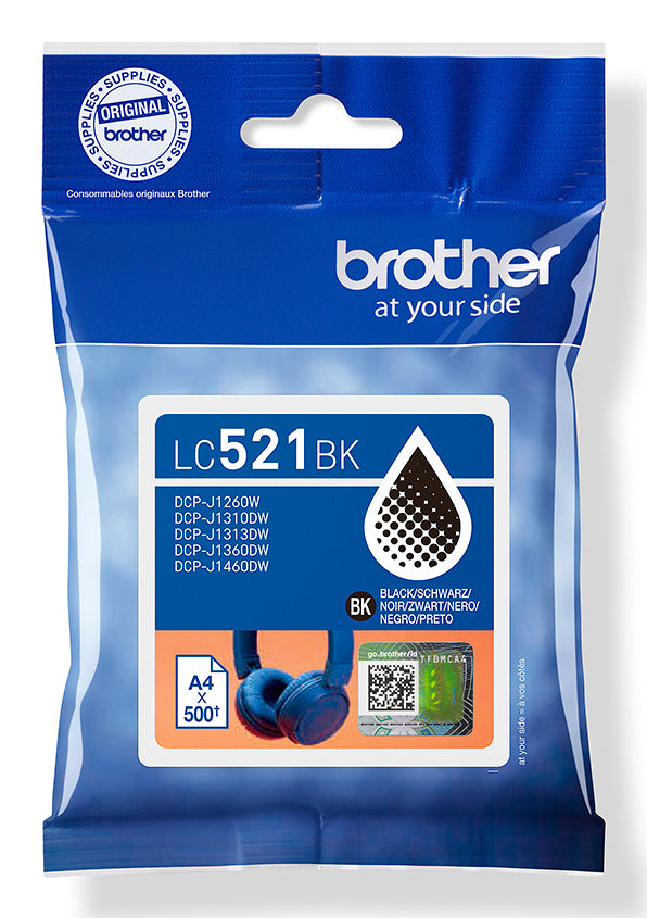 Brother LC521BK Schwarz Tintenpatrone (Original) – 500 Seiten – für DCP-J1260W, DCP-J1310DW/1313DW …