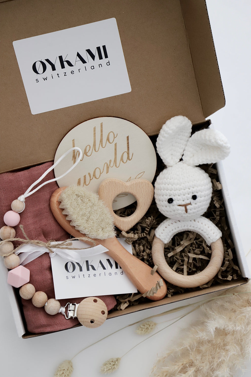 OYKAMI Geschenkbox – Holz, Baumwolle – Mehrfarbig (Weiss, Rosa, Beige)