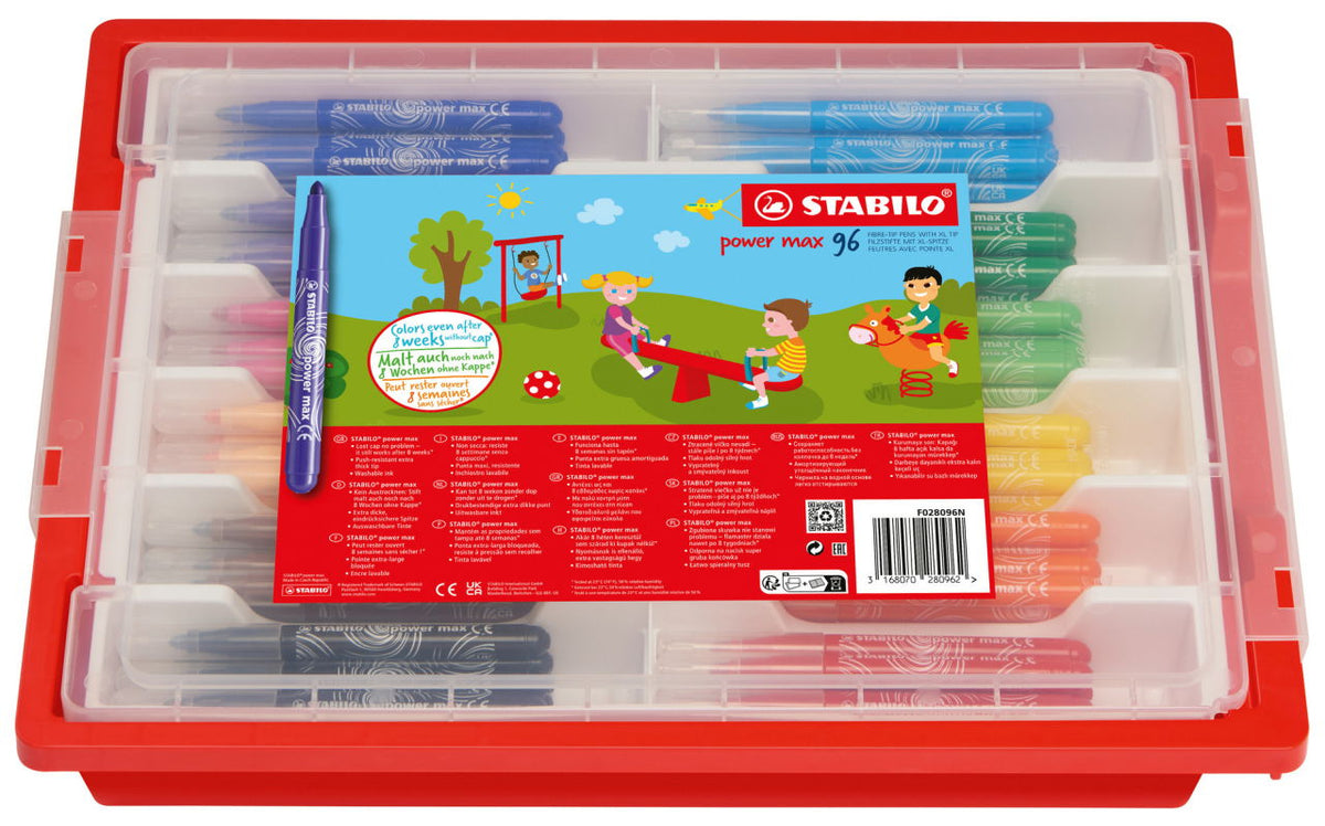 STABILO Power Max Filzstifte – Rundspitze, 3 mm, wasserbasiert, auswaschbar, 12 Farben, 96er Box