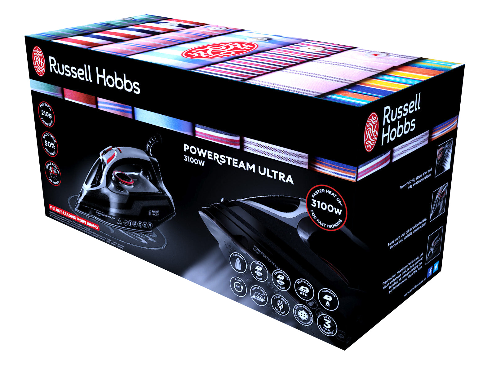 Russell Hobbs Bügeleisen 20630-56 – 3100 W, Keramik-Bügelsohle, 3 m, 210 g/min Dampfstoß, Schwarz/Grau