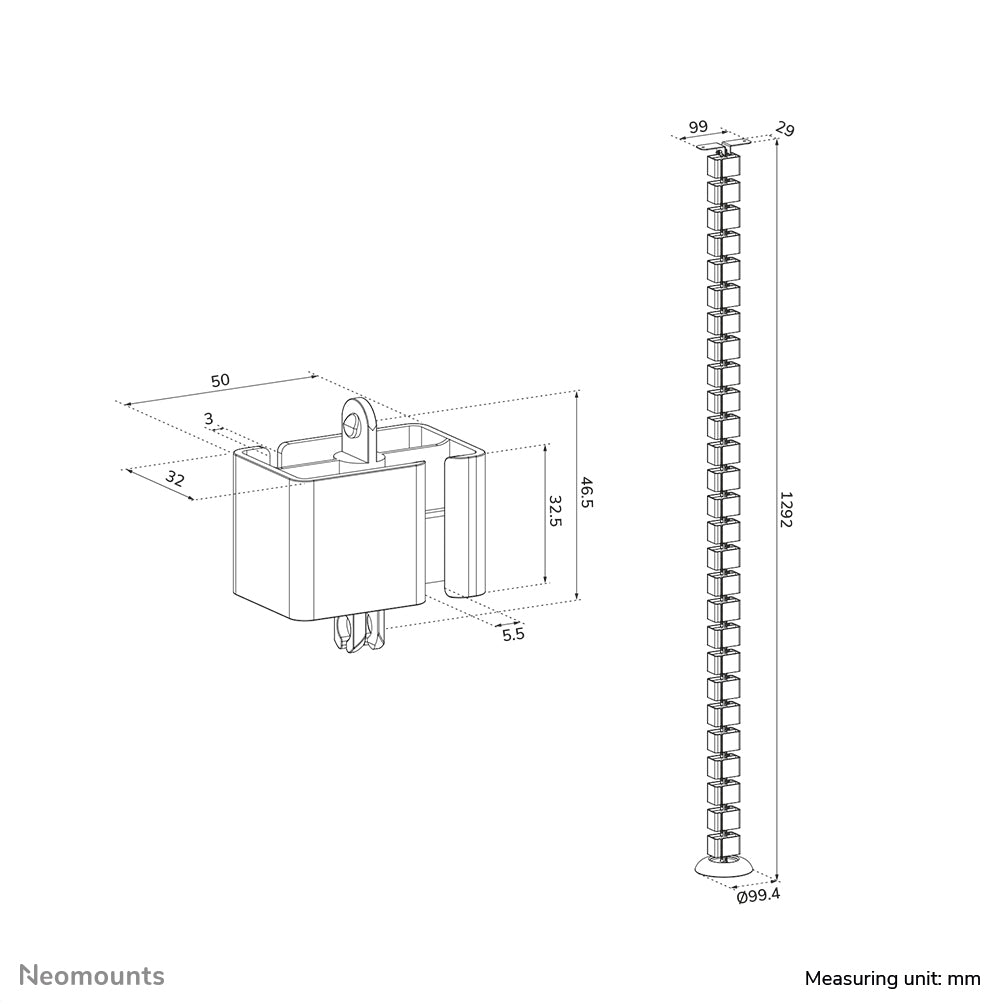 Neomounts ADS06-130WH Kabelführung – L 1'292 mm, höhenverstellbar, weiss, Kunststoff, B 994 × T 32 mm