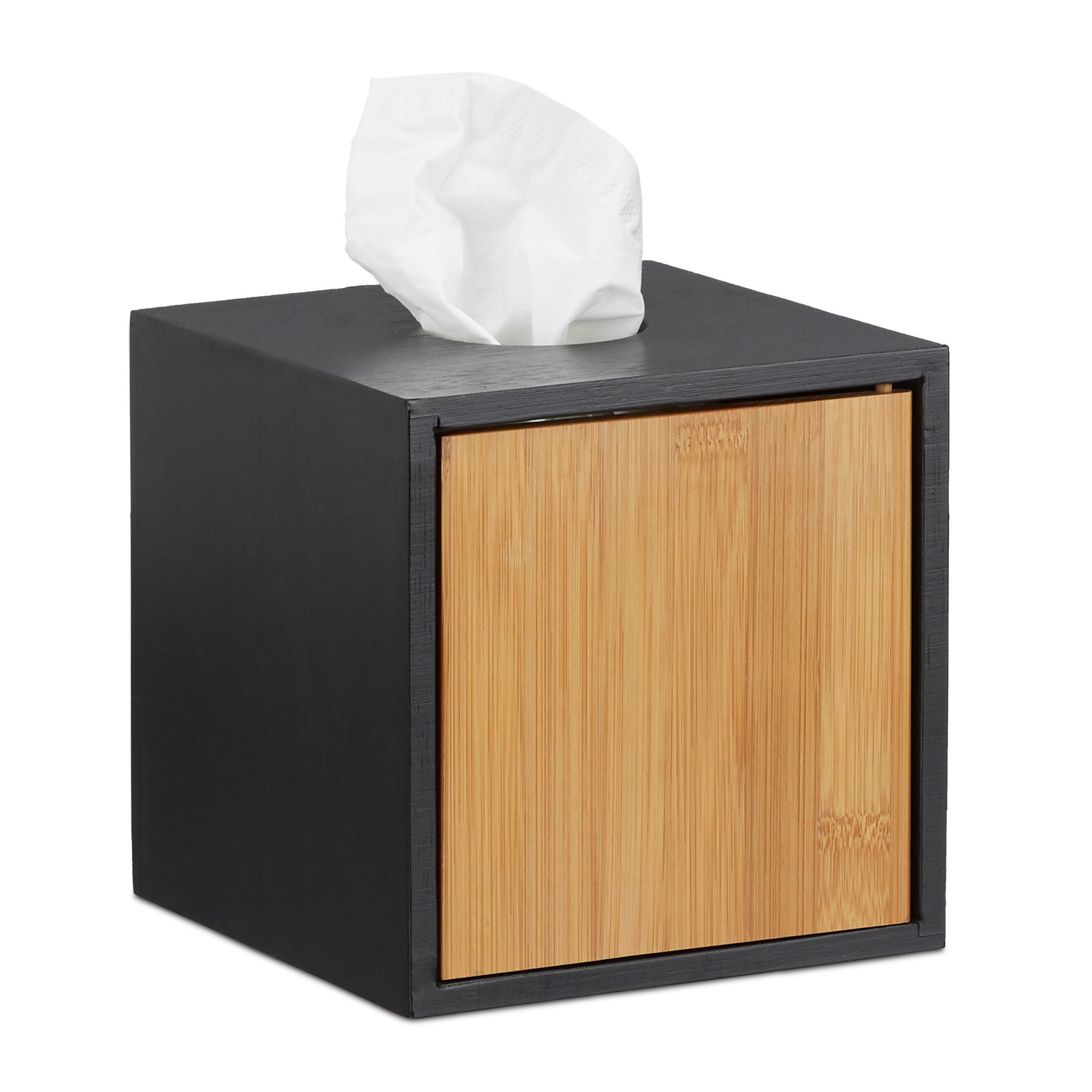 Relaxdays Kosmetiktuchbox – Tisch, Bambus, 14,5×14,5×14,5 cm, Schwarz