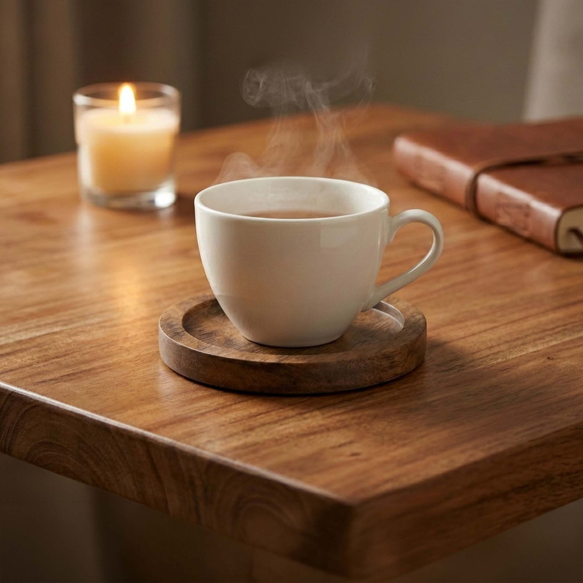Relaxdays Glasuntersetzer – 7er Set, Ø 10 cm, Holz (Akazie)/Eisen, Braun, inkl. Ständer, rutschfest