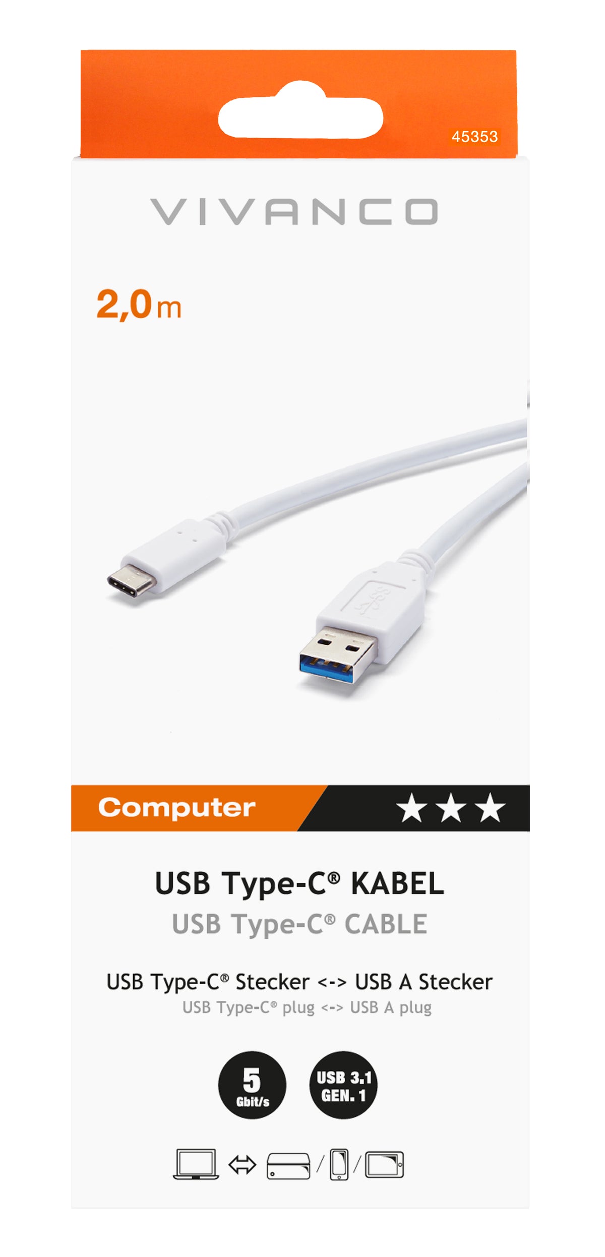 Vivanco USB-C auf USB-A Kabel – USB 3.2 Gen 1 (5 Gbit/s) – 2 m – Weiss