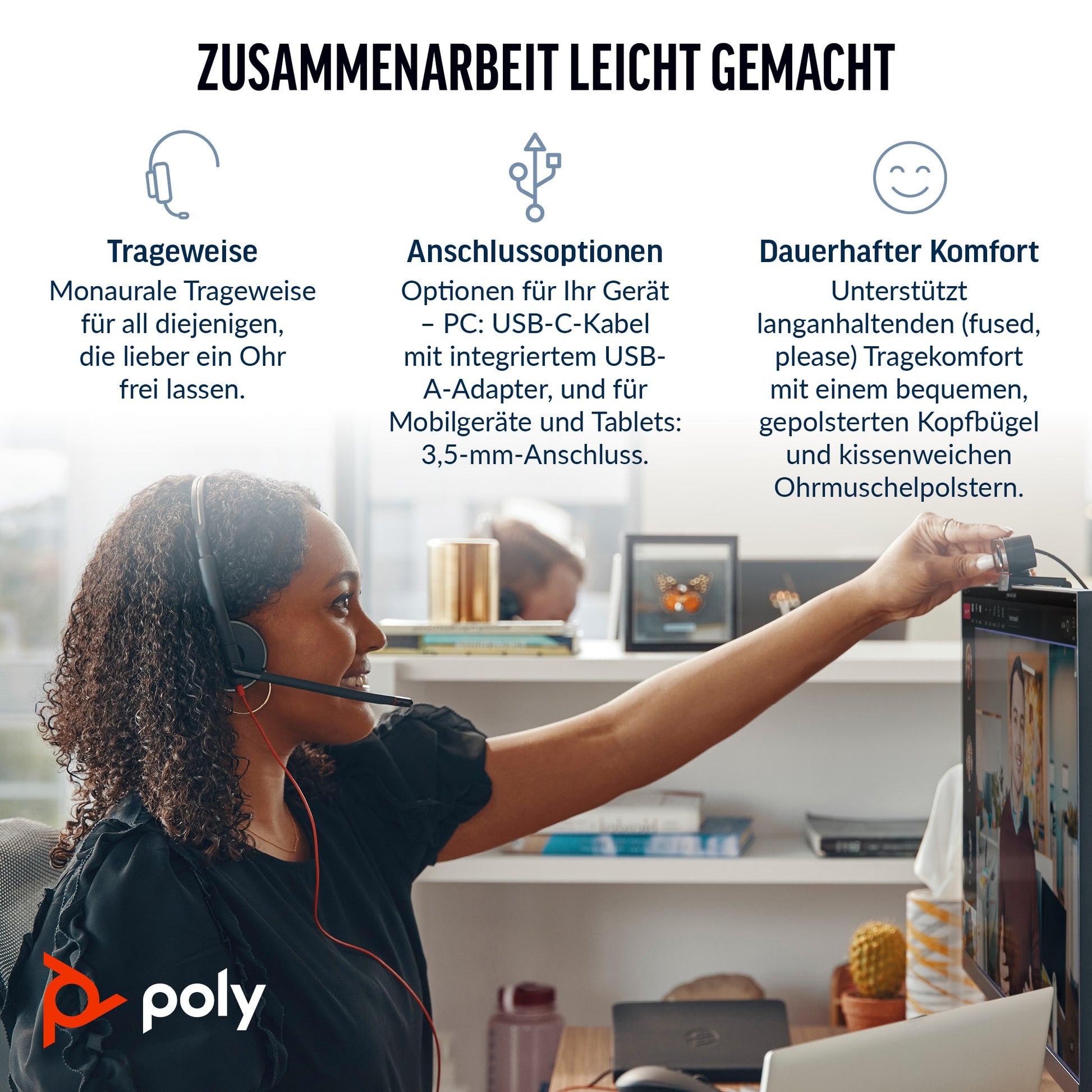 Poly Blackwire 3315 Office-Headset – On-Ear, Mono, USB-C + 3,5 mm Klinke, MS Teams zertifiziert, Schwarz