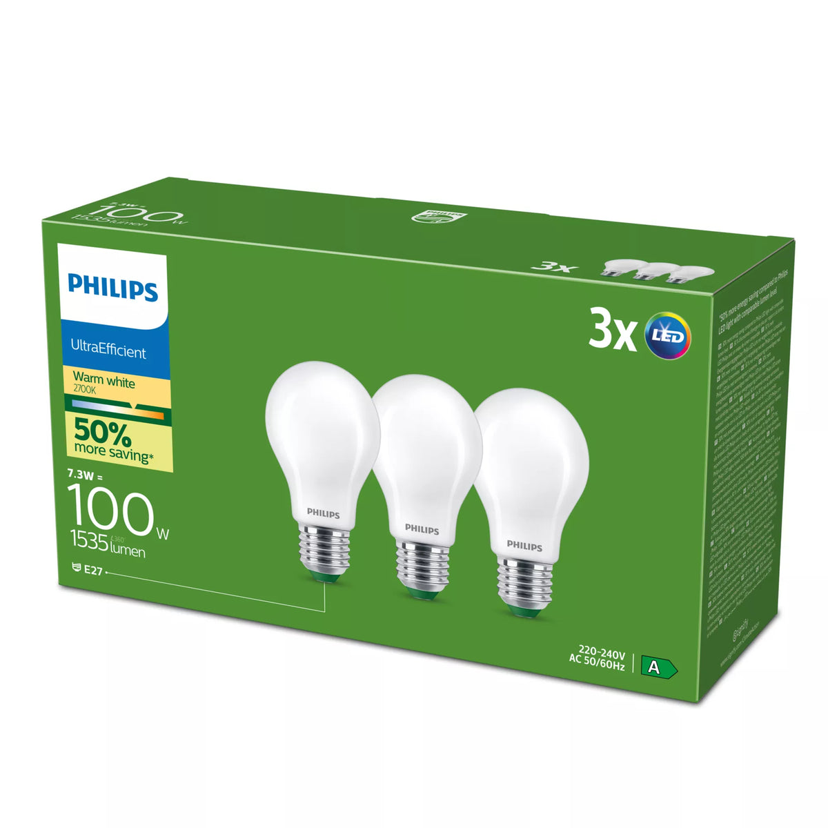 Philips by Signify Philips LED-Leuchtmittel E27 A60 – 1535 lm, 7,3 W, Warmweiss 2700 K, 300° – 3 Stk., Gefrostetes Glas