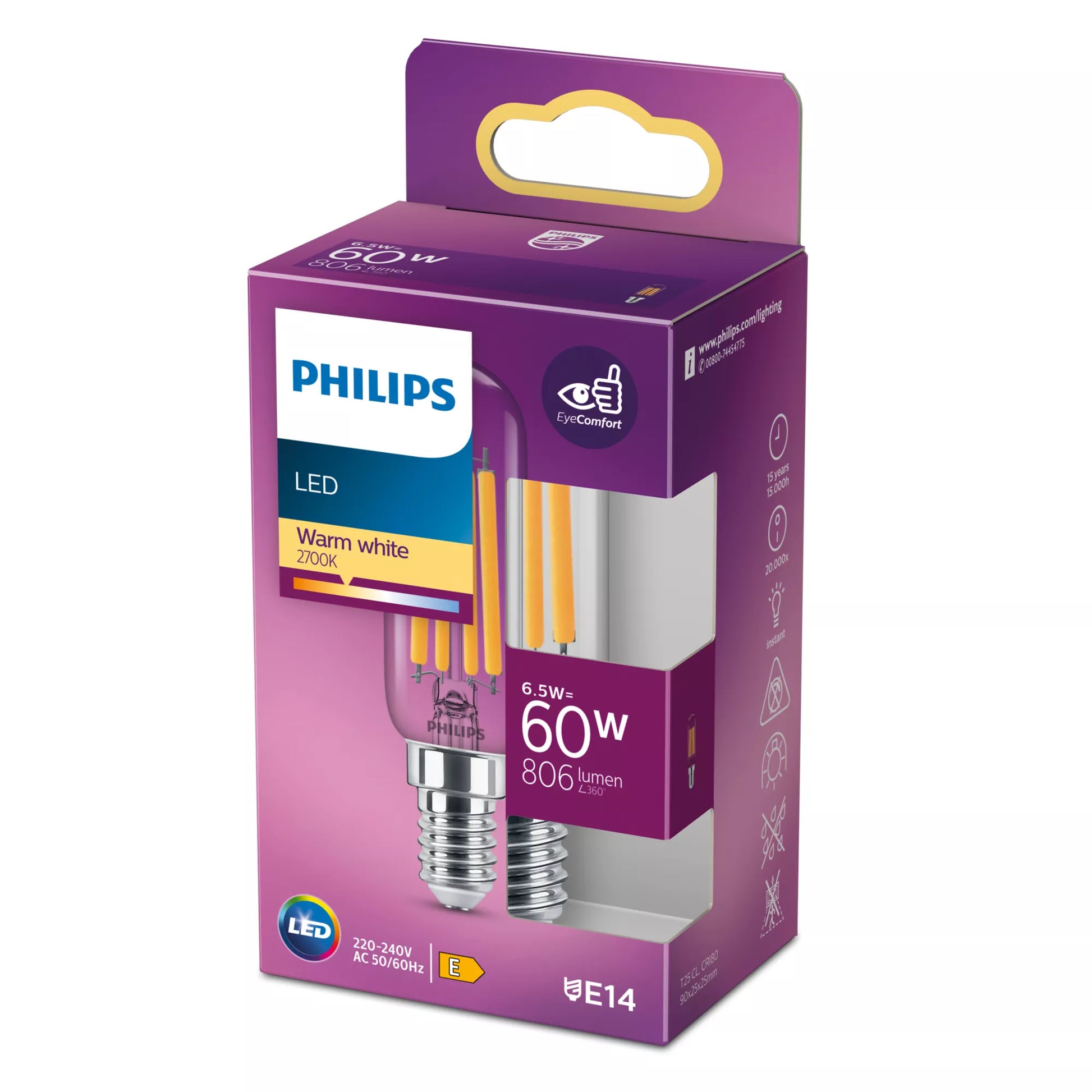 Philips by Signify Philips LED-Leuchtmittel E14 T25 – 806 lm, 6,5 W, Warmweiss 2700 K – 1 Stk. – Transparent, Glas