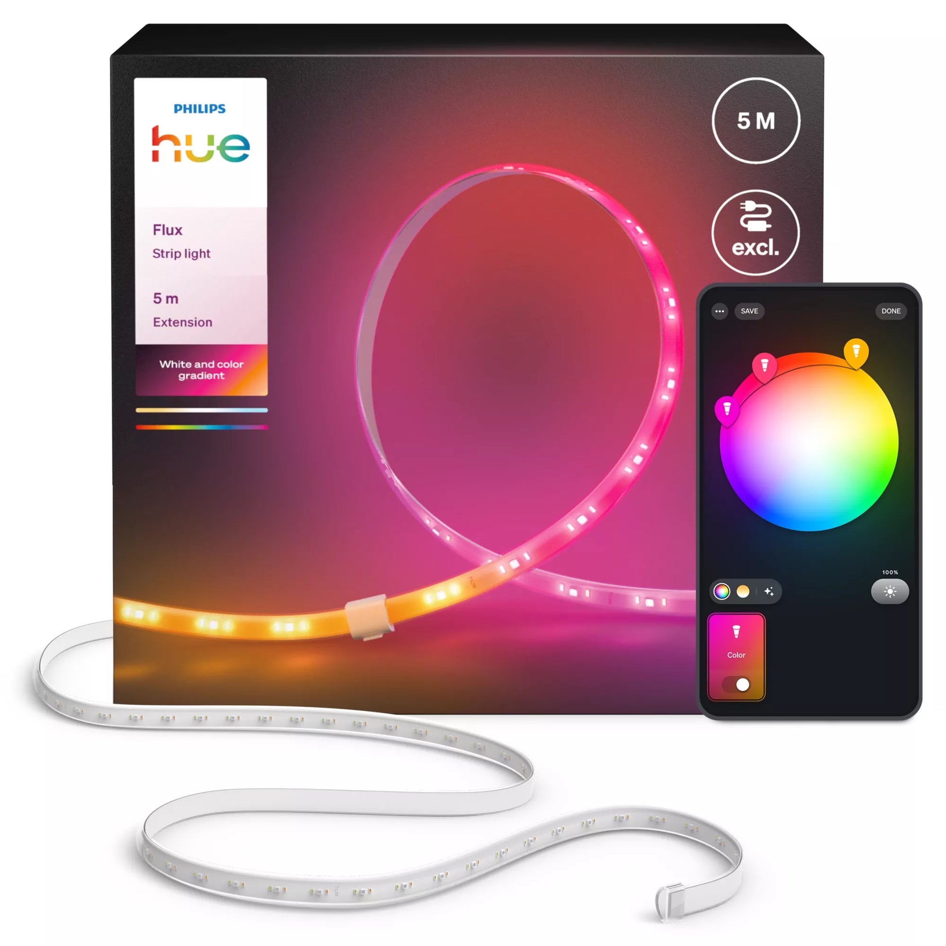 Philips by Signify Philips Hue LED-Strip Flux Gradient – Verlängerung, 5 m, RGB, 48 W, BT/Zigbee, für Alexa/Google/HomeKit, weiss