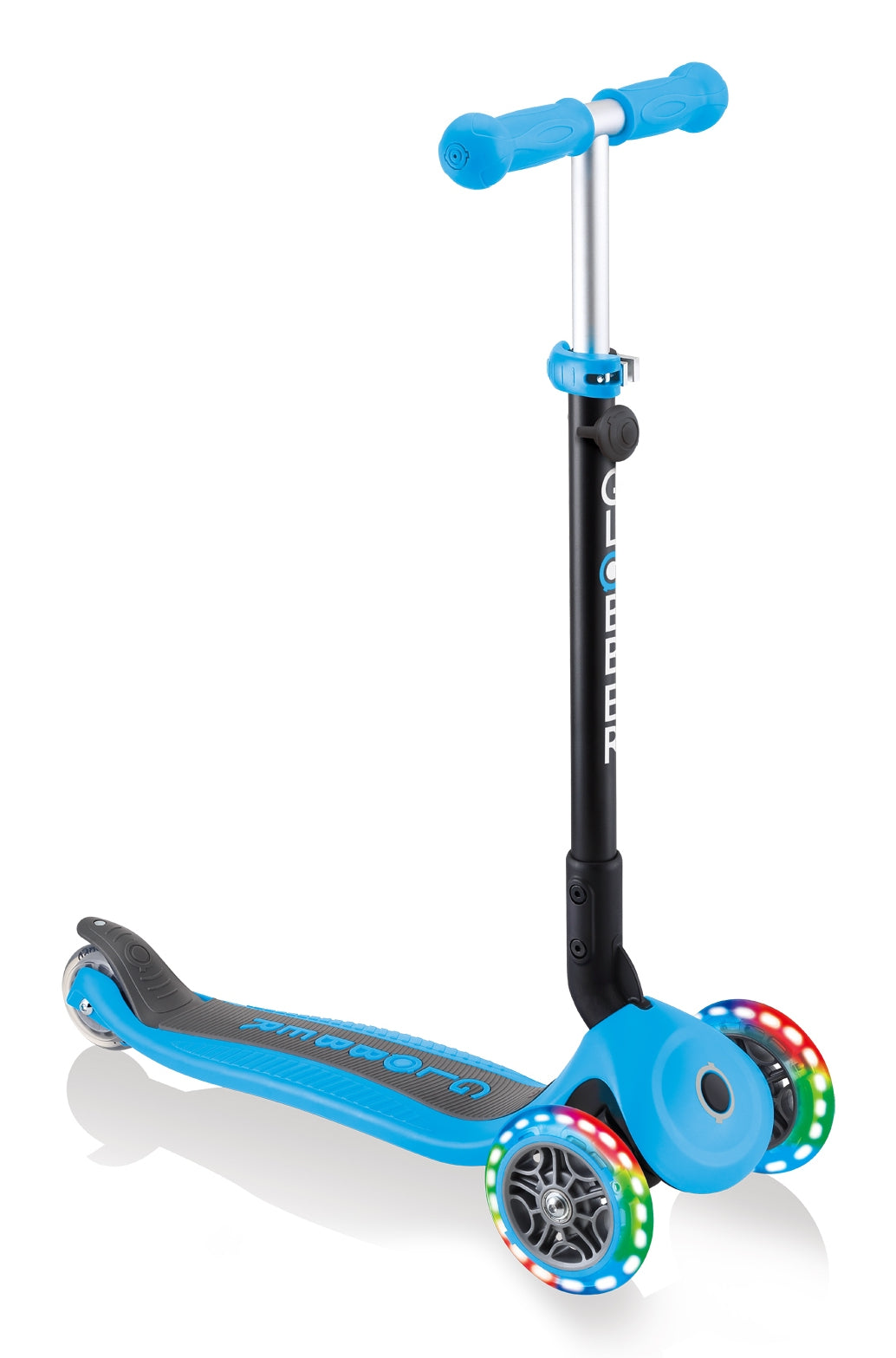 Globber GO UP Foldable Plus Lights Dreiradroller – faltbar, höhenverstellbar – hellblau – ab 1,2 J. – 50 kg
