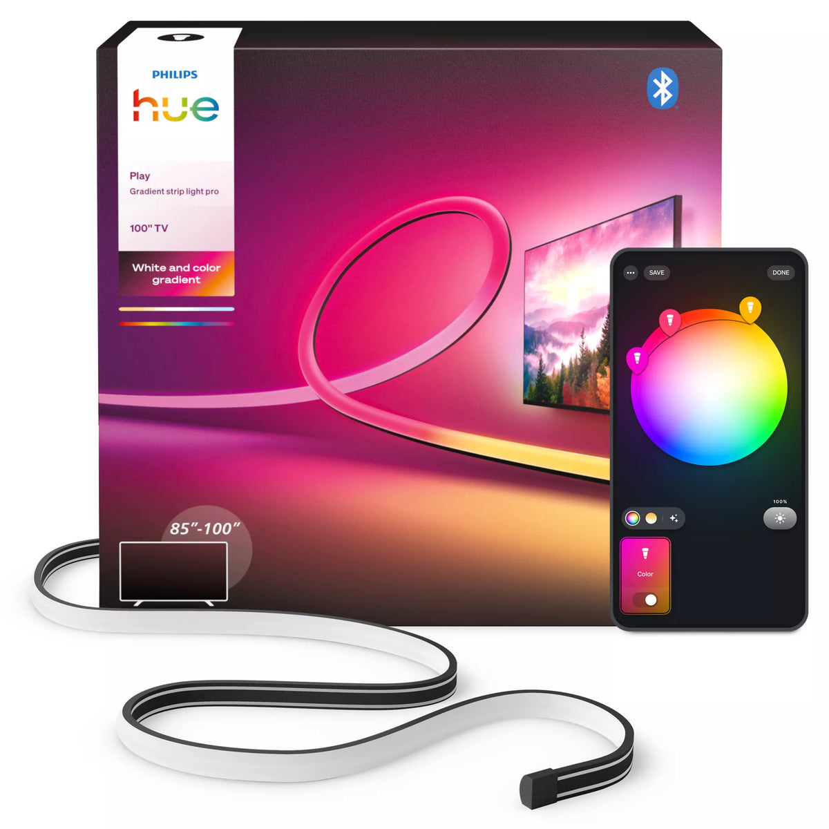 Philips by Signify Philips Hue Play Gradient Lightstrip Pro TV-Hintergrundbeleuchtungs-Set – RGBIC, Zigbee + Bluetooth – für 100" Fernseher – Schwarz