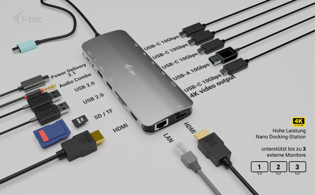 i-tec Metal Nano Dockingstation – USB-C, 2× HDMI, 1× USB-C (Video), 3× USB-A, 3× USB-C, 140 W PD, GbE