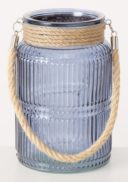 Boltze Windlicht – Glas & Jute & Textil, blau – Ø 13,5 × 21 cm